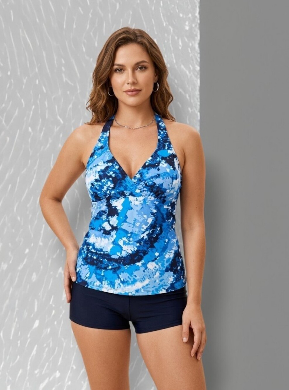 Christina Women's Blue Tie-Dye Halter Wrap Tankini Swim Top